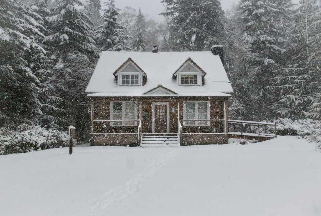 A residential property during snow
